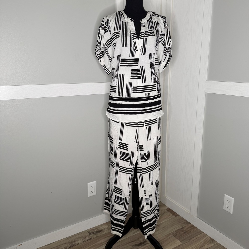 Como Black Pant Set Women XL Black White Geometric Abstract Stripe Relaxed NWT